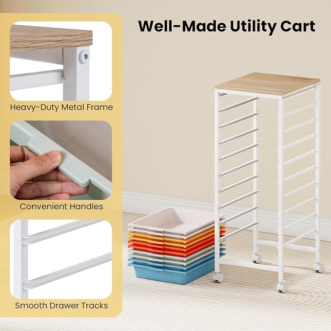 Rolling Storage Cart with 10 Drawers, Plastic Craft Organizer on Wheels with Wooden Top, Mobile Art Supply Utility Cart for Classroom, Home, Office - Image 7
