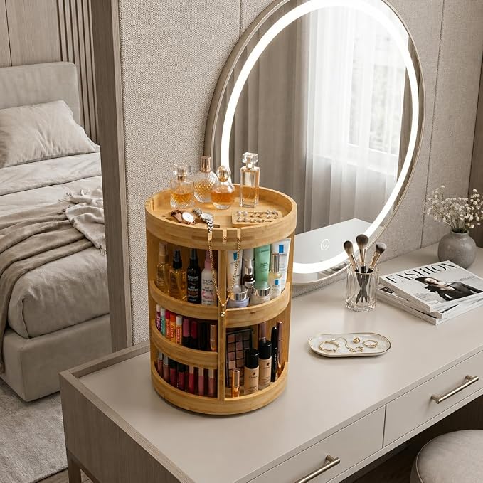 Bamboo Rotating Makeup Organizer with Adjustable Shelves - Round, Multipurpose Storage 360° Carousel for Vanity, Bathroom, Kitchen Countertop, Bedroom, Desk - Image 3