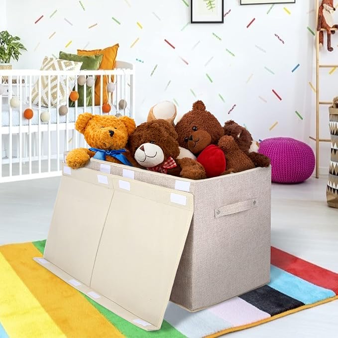 Large Toy Box Chest Storage with Flip-Top Lid, Kids Toy Storage Bin Boxes | Toy Chest with Rivets Handles for Kids, Boys, Girls, Nursery, Playroom, Living Room, Bedroom, 25"x 13" x 16" (Linen Beige) - Image 2