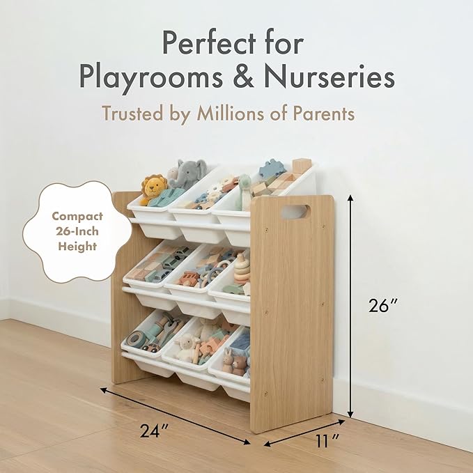 Humble Crew Kids Toy Organizer with 9 Bins, 3 Tier Storage for Playroom | Sturdy wood and steel toddler shelf, removable BPA-free containers, wall anchor anti-tip safety kit for bedroom or classroom - Image 2