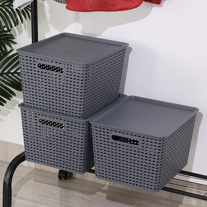 6 Pack Plastic Storage Bins with Lids, Stackable Storage Baskets with Handles, Large Organizer Bins for Desk, Shelves, Office, Plastic Container Bins for Pantry Organizers and Storage, Grey - Image 7
