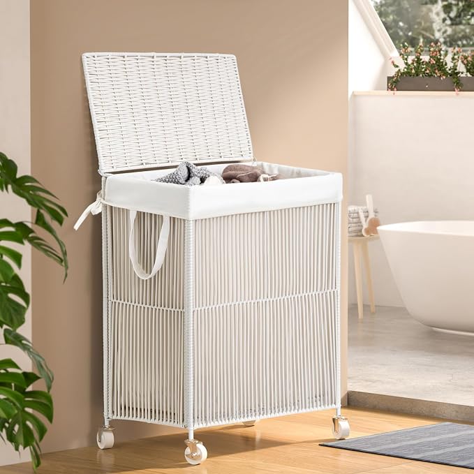 WOWLIVE Rolling Laundry Basket Wheels, Handwoven Laundry Hamper with Lid | Double Clothes Hamper with Divided Removable Bag, 115L Large Laundry Sorter 2 Section, Laundry Room Organization, White - Image 2