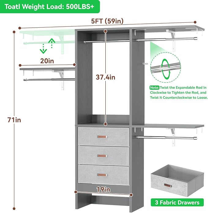 5FT Small Closet System with 3 Fabric Drawers, 60 Inches Walk In Closet Organizer System With 3 Adjustable Shelves, Heavy Duty Clothes Rack Built-In Garment Rack, 59" L x 16" W x 71" H, Grey - Image 7
