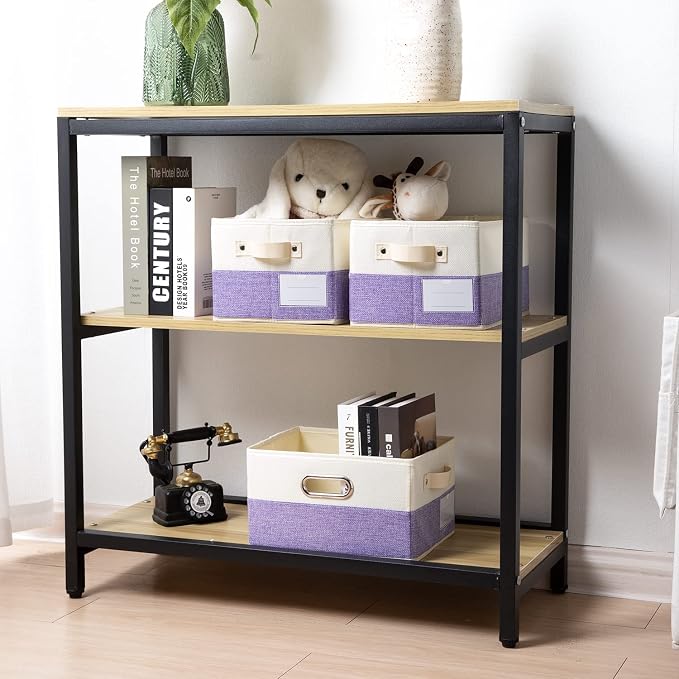 Fodable Storage Bins for Closet [3-pack] Decorative Fabric Storage Baskets Cubes with Leather/Metal Handles for Shelves Bedroom Living Room Purple&Cream (11.5x8.5x6.7 Inch) - Image 2