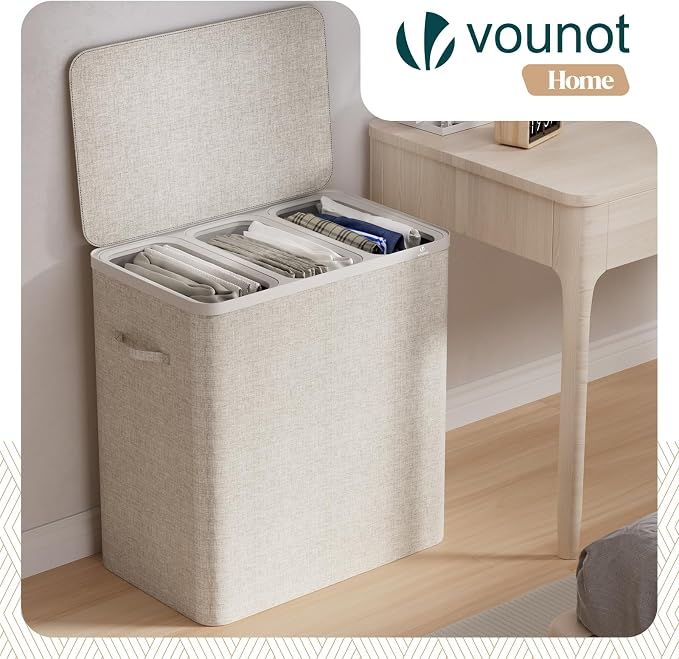 VOUNOT® 170L Laundry Basket with Lid, Rectangular 3 Compartment Laundry Hamper with Removable Bags & Handles, Foldable Laundry Bin for Bedroom, Bathroom, Utility Room, Beige - Image 2