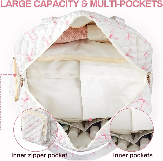 Abbylike Hospital Bag for Women, Quilted Weekender Duffle Bag,Bow - Image 4