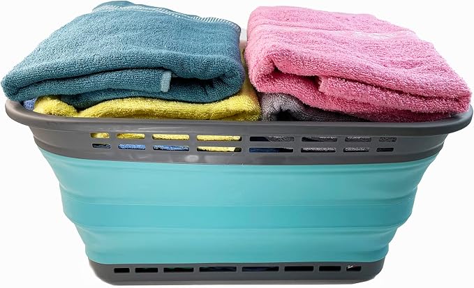 SAMMART 42L (11 Galloons) Collapsible Plastic Laundry Basket - Foldable Pop Up Storage Container/Organizer - Portable Washing Tub - Space Saving Hamper/Basket[BPA Free] (Grey/Crystal Blue (Set of 2)) - Image 7