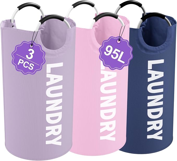 3Pack 95L Collapsible Laundry Basket, Padded Handle Hampers for Laundry | IHOMAGIC Freestanding Dirty Clothes Hamper, Water-resistant Storage Bin, Laundry Bag for Bedroom, Dorm, Purple+Navy Blue+Pink by IHOMAGIC
