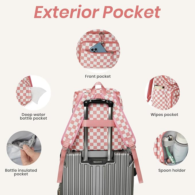 FHELAD Checkered Diaper Bag Backpack with Changing Pad & Stroller Clips | Baby Diaper Bag, Baby Shower Gifts, 4 Insulated Bottle Holders, Wet Wipe Pocket, Luggage Strap - Image 3