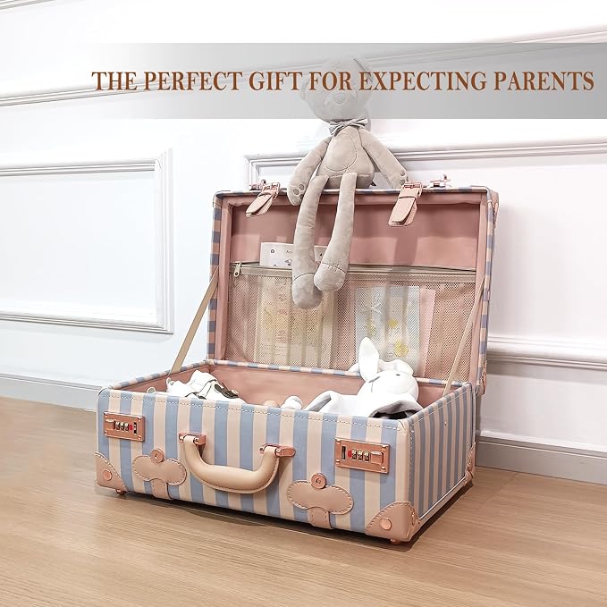 Unitravel Baby Keepsake Case, 18" Handmade Memory Storage Box, Newborn Keepsake Box, Vintage Suitcase for Baby Shower, Baptism, Naming Ceremony or Birthday (blue strip) - Image 3