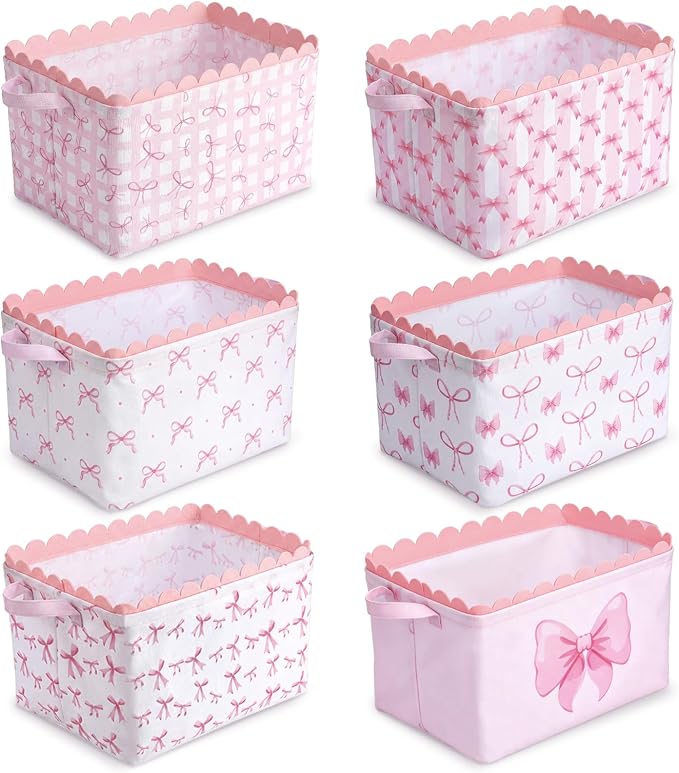 CHENGU 6 Pcs Pink Bow Storage Basket Large Collapsible Scalloped Storage Bin with Handle Preppy Girls Organizer Canvas Basket Candy Holiday Decor for Party Bedrooms Closet Nursery Home Decoration by CHENGU