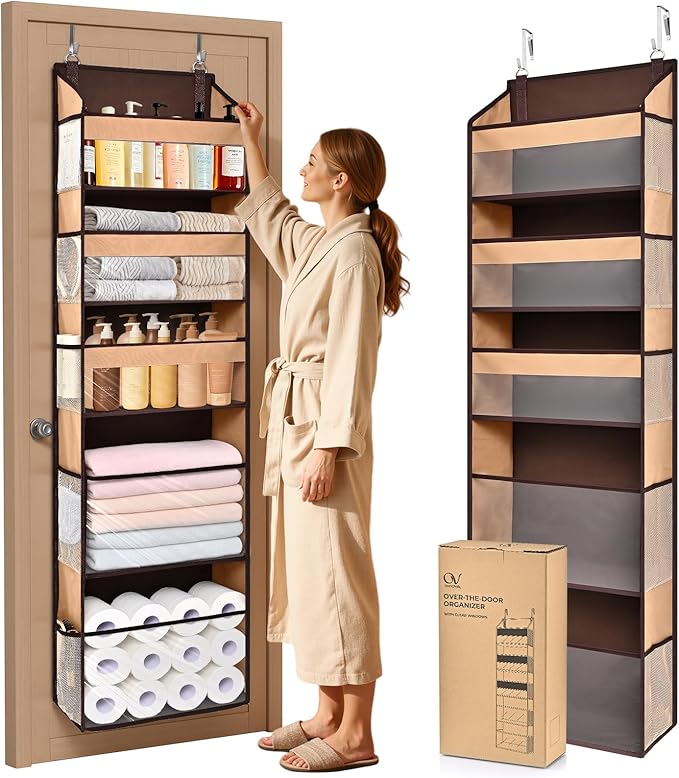 5 Tiers Over Door Organizer with 10 Mesh Side Pockets, 44 lbs Weight Capacity Hanging Storage Organizer with Clear Window Kids Toys, Shoes, Diapers, Brown by ORDOVIBE