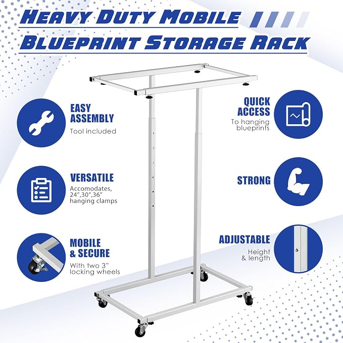 Kolldenn Mobile Blueprint Storage Rack Adjustable Holder with 6 Pcs Blueprint Clamps 4 Wheels Storage Organizer Stand for File Display Plan Office Home(30 Inch) - Image 5