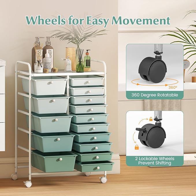 RELAX4LIFE 15-Drawer Storage Drawer Carts - Mobile Rolling Utility Cart | 34.5"H White Metal Frame, Gradient Green Drawers, Rolling Wheels; Classroom School Office Home Craft Utility Storage - Image 6