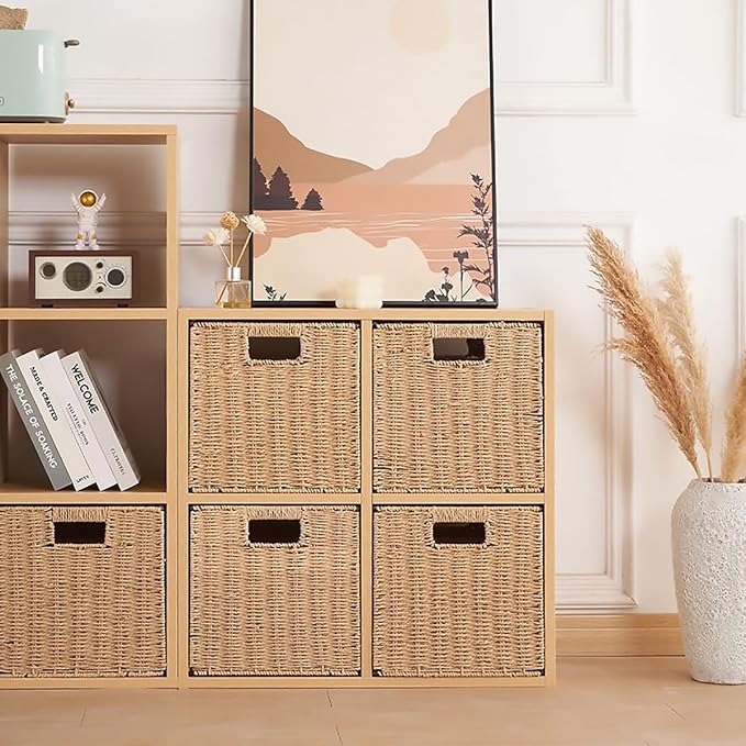 5Pcs Woven Shelf Baskets, 10.5'' Paper Rope Handmade Open Storage Bins, Light Brown Pantry Baskets Organization Basket Foldable Storage Bins for Bedroom, Cubby Cubes Wicker Basket with Handles - Image 3