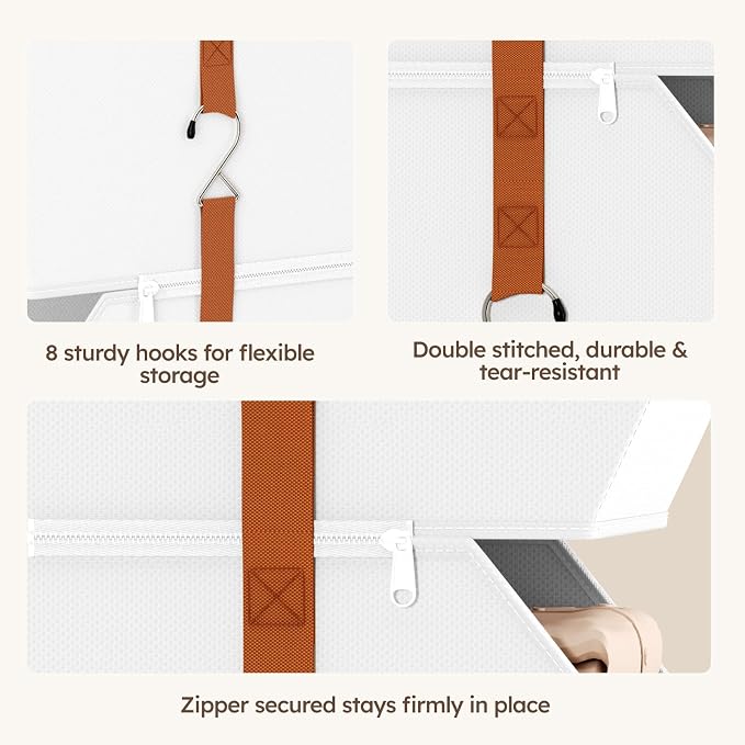 Collapsible Hanging Closet Organizer - 3 Tier Closet Shelves Storage System with Hooks, Fabric Hanging Storage Bins for Clothes, Foldable Storage Basket for Laundry, Bedroom, Rv, White - Image 7
