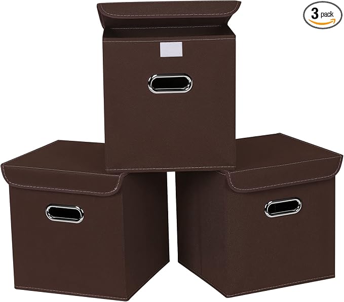 Closet Organizers Fabric Storage Bins With Lids Collapsible Cube Storages Organizer Basket With Handles,Storage Boxes for Clothes Storage,Office,Toys,3 Pack,（Coffee by SEVENDOME