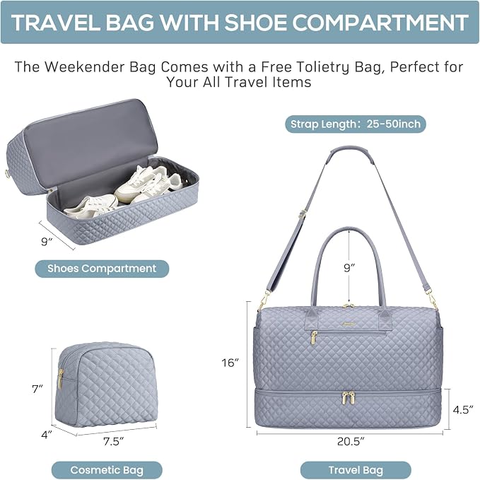 Travel Bag Weekender Bags for Women - Carry on Overnight Bag with Shoe Compartment Duffle Bag with Laptop Pocket Hospital Bag Grey - Image 3
