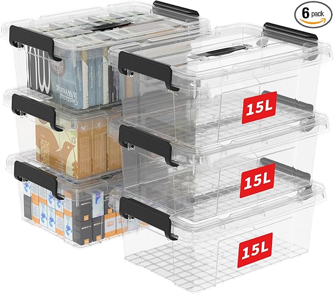 Cetomo Lidded Storage Bin with Handle, Storage Bins with Lid, Organizing Container with Secure Latching Buckles, Stackable and Nestable, Plastic, 18 Quart-6 Pack, Clear by Cetomo