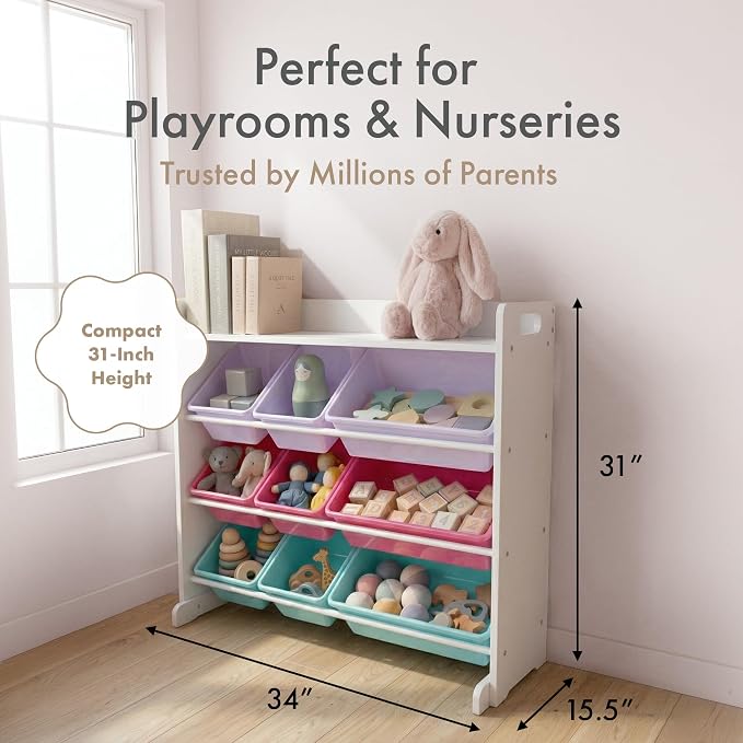 Humble Crew Kids Toy Organizer with Display Shelf, 9 Bins, 3 Tier Storage | Sturdy wood and steel toddler shelf, removable BPA-free containers, wall anchor anti-tip safety kit for bedroom or classroom - Image 2