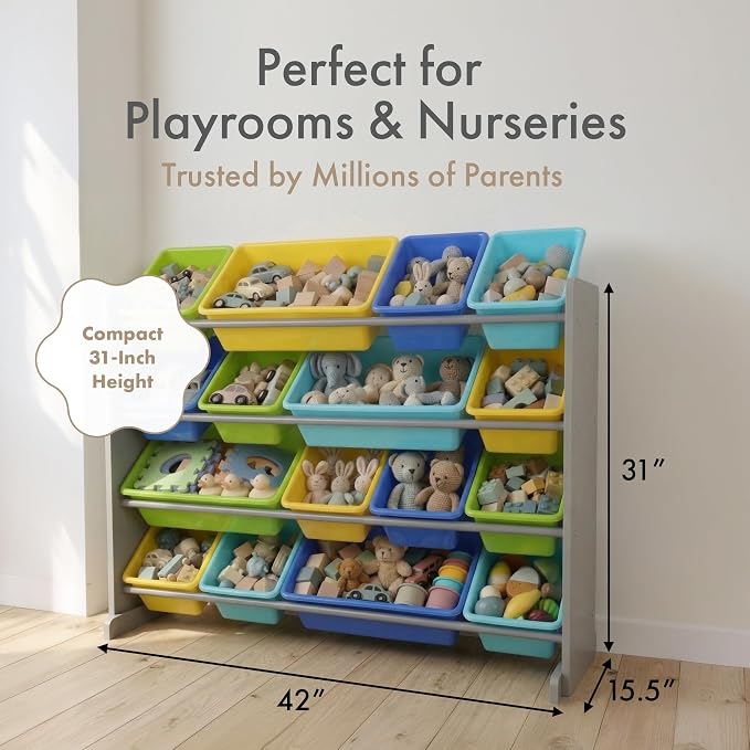 Humble Crew Kids Toy Organizer with 16 Bins, 4 Tier Storage for Playroom | Sturdy wood and steel toddler shelf, removable BPA-free containers, wall anchor anti-tip safety kit for bedroom or classroom - Image 7