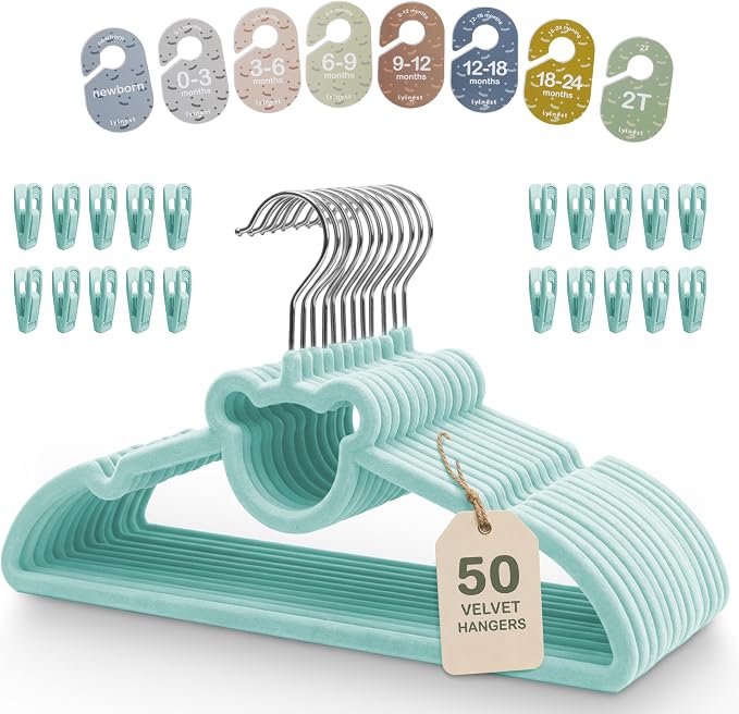 Velvet Baby Hangers with Clips & Size Dividers, 50 Pack | Organize baby clothes from newborn to 2T with 8 size dividers and 20 clips for outfits, pants, and growing wardrobes by Unknown