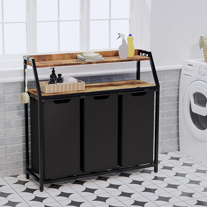 Laundry Hamper, Laundry Sorter 3 Section, Rolling Laundry Basket with Wheels, 2 Shelves, 3 × 14.5 Gal, Pull-Out and Removable Oxford Fabric Bags, for Laundry Room, Black and Rustic Brown - Image 4