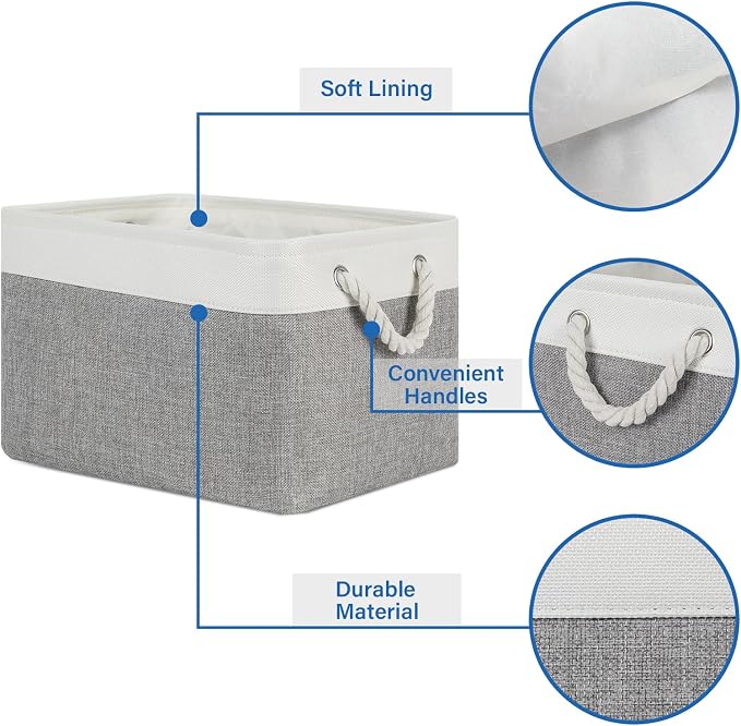 Temary Storage Baskets 4Pack Fabric Storage Bins Clothes Baskets with Rope Handle, Decorative Basket for Gift, Blankets (White&Gray,15x11x9.5 inch) - Image 6