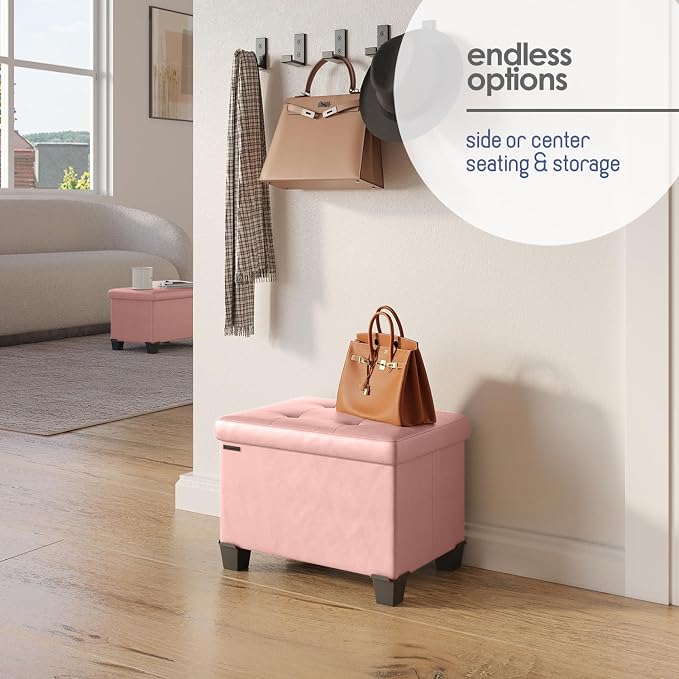 Storage Ottoman Cube with Small Bin, 16-in Square Ottoman with Storage for Living Room and Bedroom, Small Ottomans Foot Rest, Leather Foot Stools Ottomans Max 330lbs, Pink - Image 6