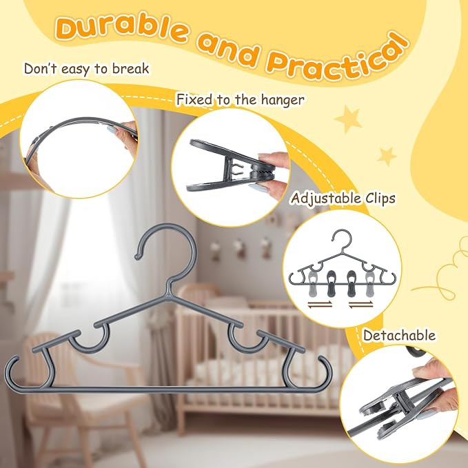 Hsei Baby Hanger with Clip for Pant,120 Packs Total,Gray,10.6 Inch | 40 Kids Plastic Hanger with 80 Clips for Newborn, Nursery, Daycare, Preschool, Closet, Wardrobe Organizer for Baby Shower - Image 3