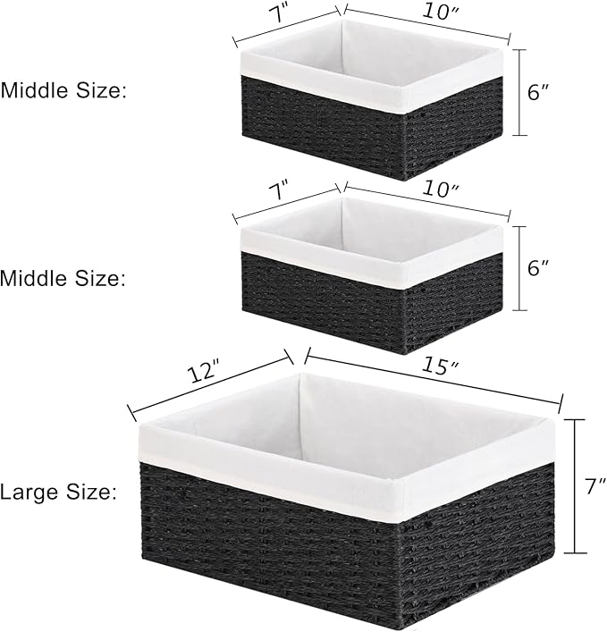 Storage Basket, 3-Pack Woven Paper Rope Wicker Baskets for Storage with Handles, 15 Inches Large Cube Storage Bins Woven Storage Baskets with Liners for Shelves Organizing & Decor, Black - Image 3