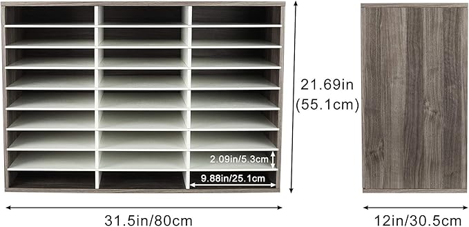 TQVAI Wood Literature Organizer, 27 Slots Hold 13500 Sheets A4 Papers, Wooden Desk File Paper Storage Organizer with Adjustable Shelves, Mailbox Cubbies for Office Home Classroom, Retro Grey/White - Image 3