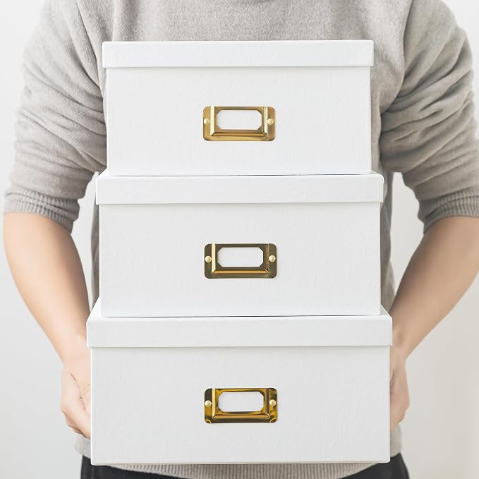 Soul & Lane - White and Gold Decorative Storage Boxes with Lids, Set of 3 | Square Stacking Kraft Memory Photo Storage with Label Holders, Nesting Cardboard Paper Bins for Office and Shelves - Image 4