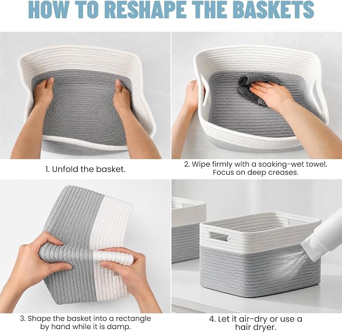 5 Pack Woven Storage Baskets, Decorative Storage Bins for Organizing | 13.8'' × 9.8'' × 7.9'', Cotton Rope Basket Organizer for Closet, Shelves, bathroom, Nursery, Toys, Books, Pantry, Gray/White - Image 6