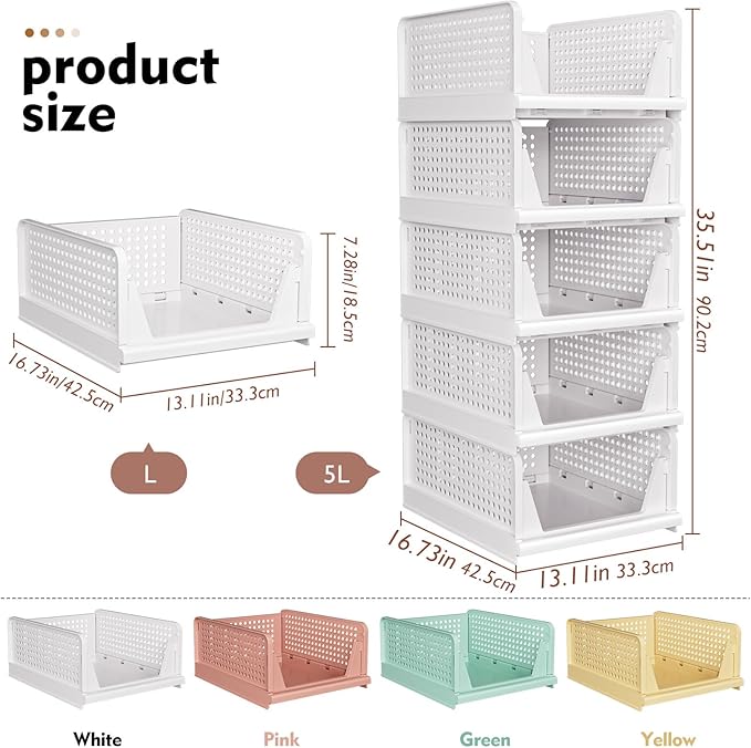8 Pack Closet Organizers and Storage, Stackable & Foldable Closet Bins | Closet Storage Basket for Bathroom, Kitchen, Laundry Room, Drawer Shelf & Wardrobe Storage, Space-Saving Design, White - Image 5