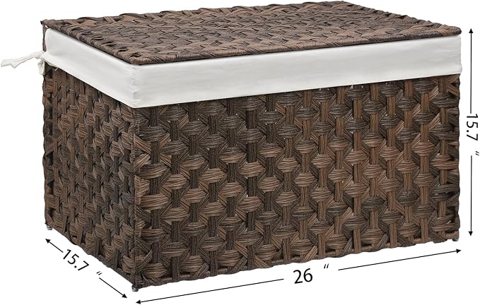 Wicker Storage Basket with Lid, 27.7 Gallon (105L) Large Blanket Basket with Lid, Woven Storage Bin with Handles, Removable Liner, Metal Frame, Foldable, for Bedroom, Laundry Room, Brown - Image 3