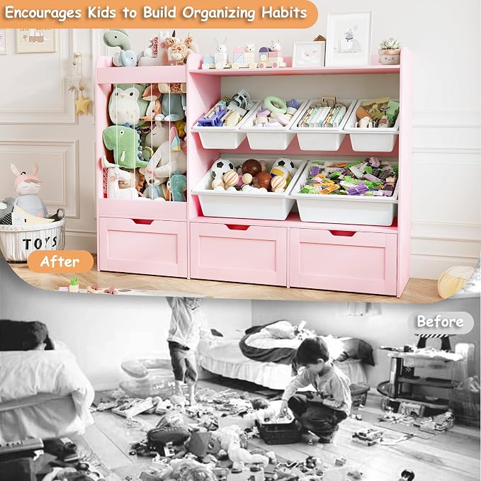 VontinT 50.6" W Wooden Toy Organizer with Stuffed Storage & Bins & Drawers | Large Storage Cabinet with 6 Plastic Bins, 3 Rolling Drawers, 140L Stuffed Animal Zoo, Toddler Shelf for Kids Playroom, Pink - Image 6