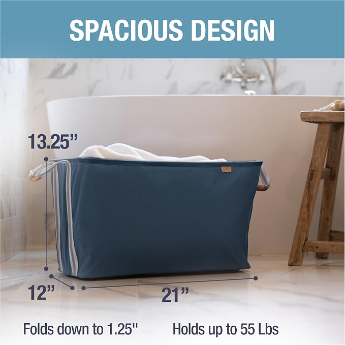 Collapsible Laundry Basket LUXE (300D) - Navy Noir/Cream (2PK) | Elevate Open-Room Laundry Storage | Refined Fabric and Vegan Leather Add Polish, While Each Basket Holds 55 lb - Image 3