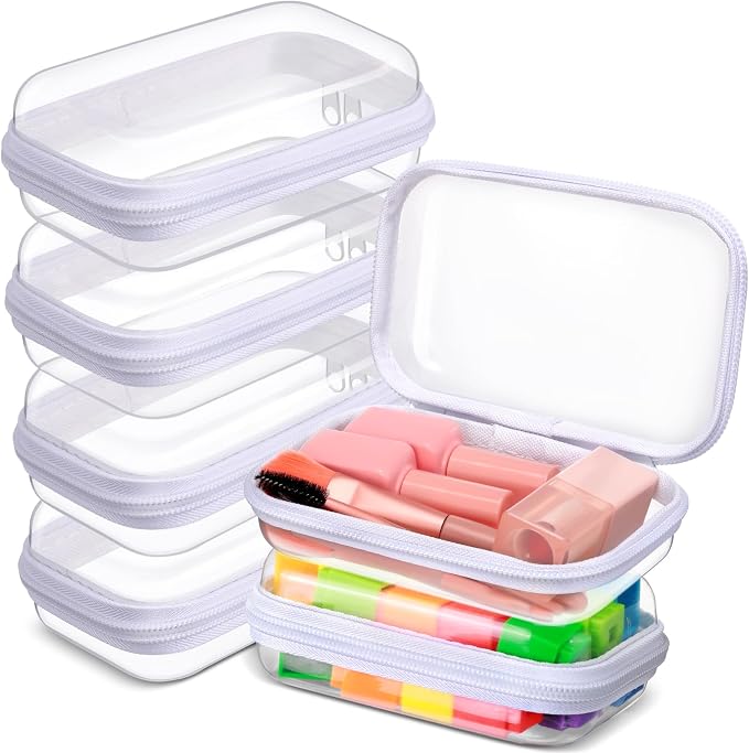Sanwuta 6 Clear Hard Zipper Case,White,5 X 3 X 2 Inch | Pencil Case Pouches ,Makeup Bag,Plastic Toiletry Diaper Bag ,Travel Toy Storage,Waterproof Organizer Bins by Sanwuta