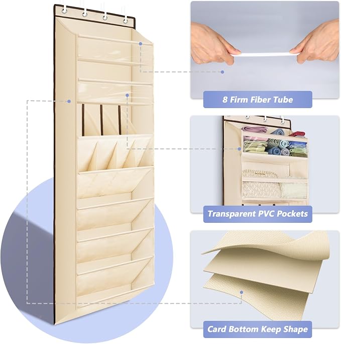 1 Pack Over The Door Shoe Organizer, 8 Shelves Hanging Shoe Organizers, | 68" Exlarge Deep Pockets Shoe Rack for Closet, Shoe Holder for Boots, Sneakers, Heels, Over Door Organizer in Home, RV, Beige - Image 3