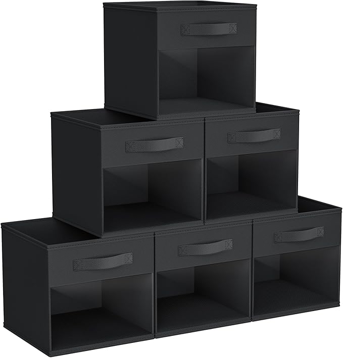 DIMJ Cube Bins, 6 Packs Fabric Storage Cubes with Clear Window, Storage Bins with Handles, Storage Baskets for Organizing Living Room, Bedroom, Office, Black by DiMJ