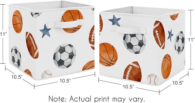 Sweet Jojo Designs Sports Theme Boy Collapsible Fabric Storage Cubes Foldable Bins Organizer Boxes Kids Baby Childrens Toys Set of 2 - Watercolor Soccer Balls Football Baseball Basketball Blue Stars - Image 3