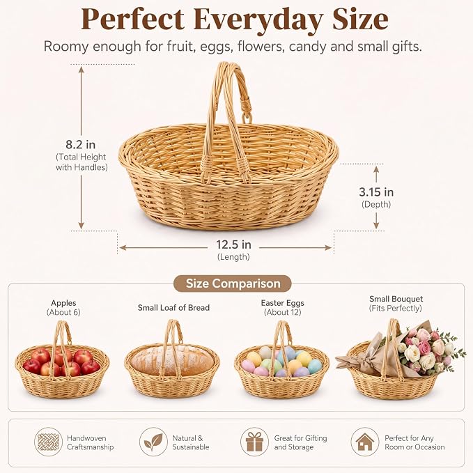 Sintuff 6 Pcs Small Wicker Picnic Basket with Handle, Oval Willow Woven | 12.6 x 8.27 x 3.15 Inch, Oval Willow Woven Braided Gifts Basket, for Fruit, Bread, Snack, Garden, Wedding, Harvest, Gathering - Image 2
