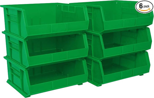 Akro-Mils 30250 AkroBins Plastic Storage Bins, 15"x16"x7", Green, 6-Pack | Space-Saving Stackable Bins for Garage, Pantry, Craft Organization by Akro-Mils