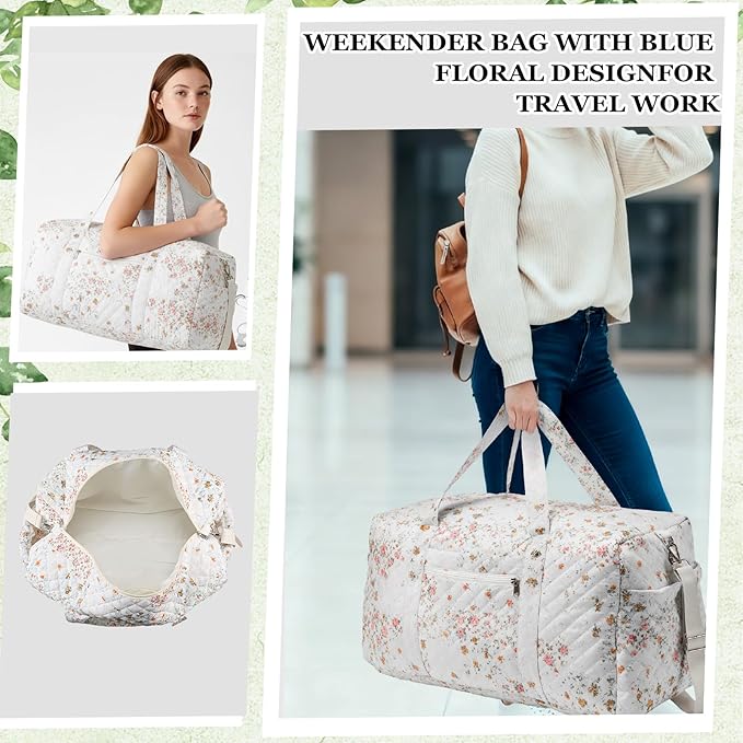 Dansydaisy Large Quilted Travel Duffle Bag for Women Floral Portable Gym Weekender Bag with Zipper Pockets Workout Grocery Pouch Duffle Gift Pouch for Work(Light Colored Spliced Floral) - Image 5