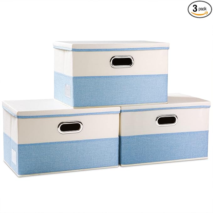 Large Foldable Storage Boxes with Lids [3-Pack] Fabric Collapsible Storage Bins Organizer Containers Baskets Cube with Cover for Home Bedroom Closet Office Nursery Blue&Cream(17.7x11.8x11.8) by Prandom