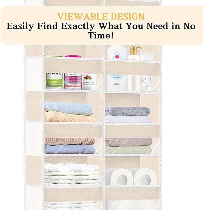Over the Door Organizer 6 Tiers, Extra Large Behind Door Storage of 12 Compartments,80 lbs Weight Capacity Hanging Storage Organizer with Clear Window Kids Toys, Shoes, Diapers,Beige - Image 4