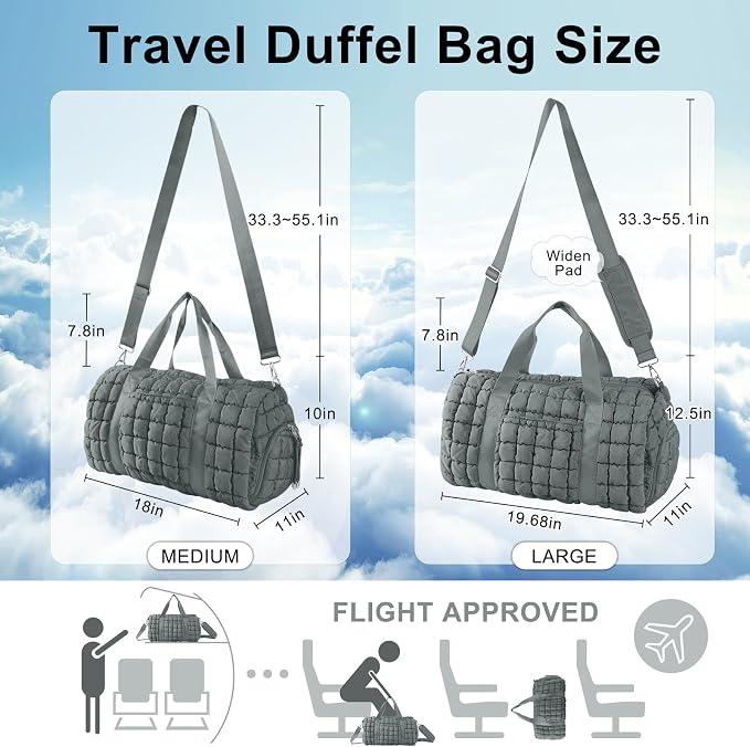 Quilted Travel Duffle Bag Gym Bag for Women,Large Puffer Duffle Weekender Bag with Compartment,Workout Overnight Carry on Organizer Bag Duffle Bag for Airplane Travel(L-Grey) - Image 2