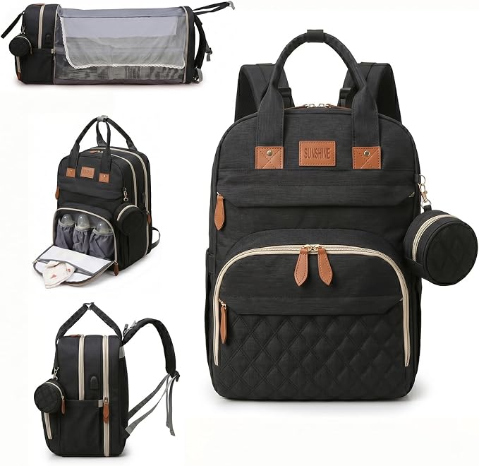 HAWILAND Diaper Bag Backpack for Mom Dad, Large Travel Baby Bag with Station, Lightweight Diaper Bag with Insulated Pockets & USB Changing Port, Black by HAWILAND