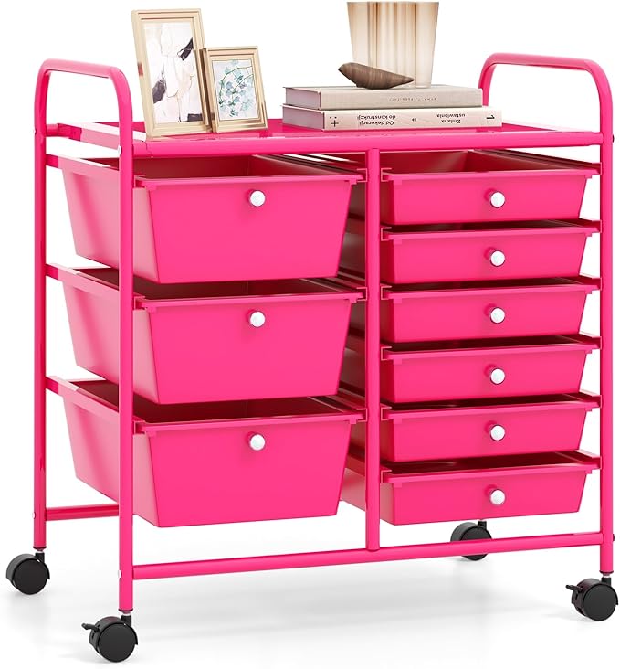 RELAX4LIFE 9 Drawer Rolling Storage Cart - Mobile Drawer Carts for Craft Art Supply Paper Salon, Utility Cart on Wheels for Classroom Teacher School Office, Rolling Cart with Drawers (Hot Pink) by RELAX4LIFE